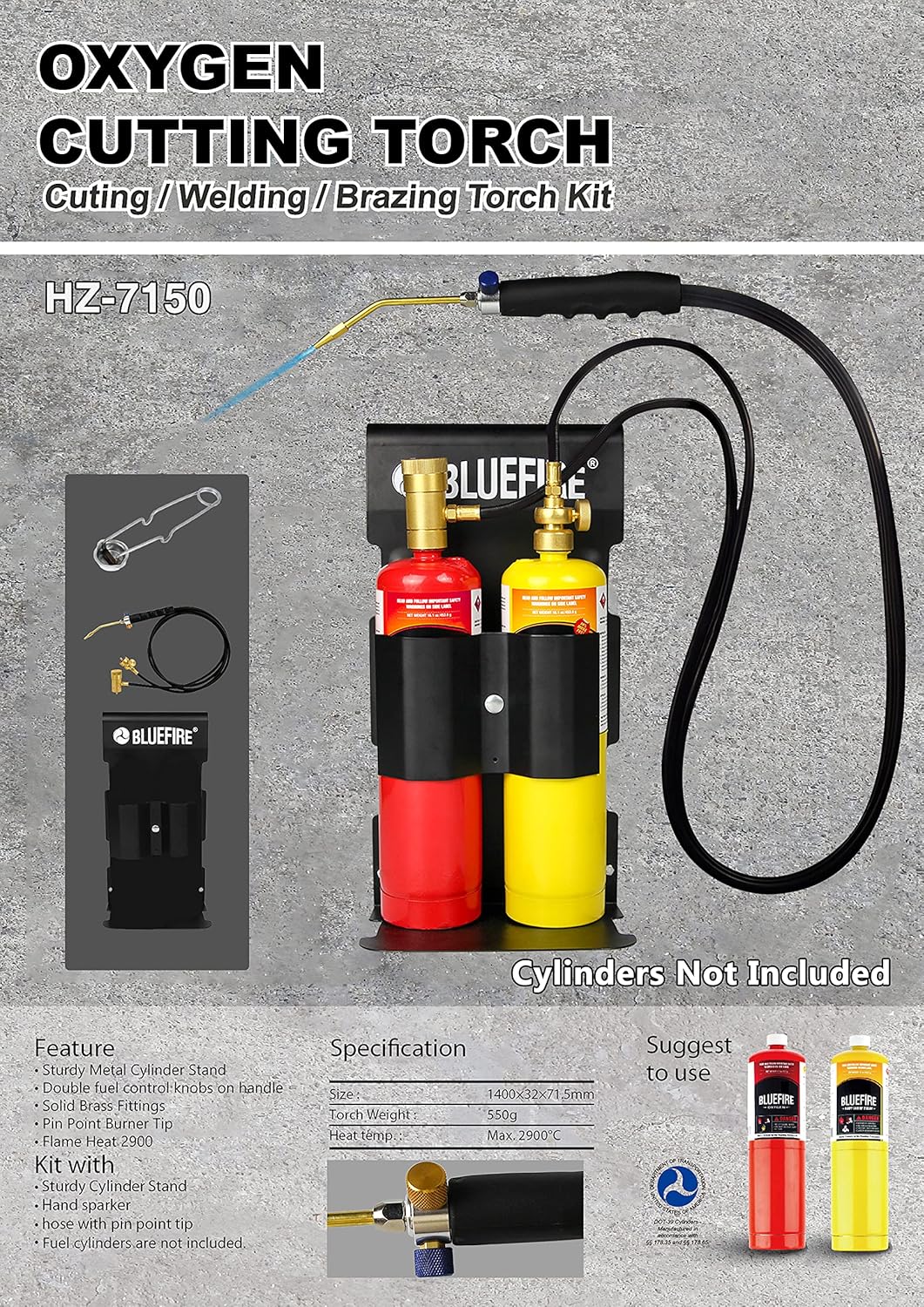 BLUEFIRE Oxypropane High Heat Welding Torch kit Free Accessory of Flint Lighter and Cylinder Holder Rack Duel Fuel by Oxygen and MAPP MAP PRO and Propane Brazing Soldering Gas Cylinders Not Included