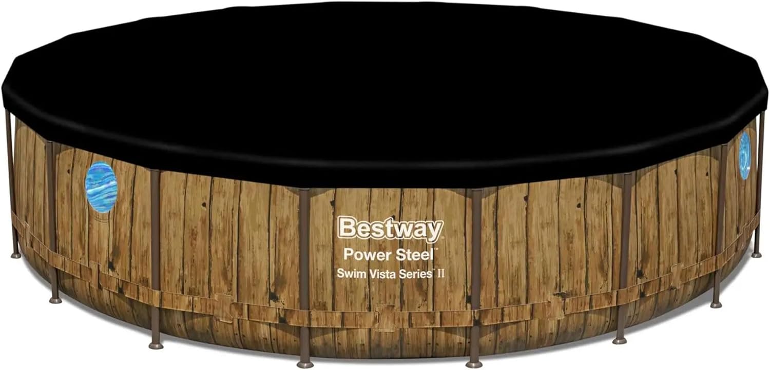Bestway Power Steel Swim Vista Series II 18' x 48" Round Above Ground Outdoor Swimming Pool Set with Built-in Windows, Filter Pump, Ladder, and Cover