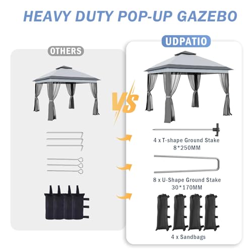 UDPATIO 13'x13' Gazebo for Patio, Pop up Gazebo Canopy Tent, Outdoor Patio Waterproof Gazebo with Mosquito Netting for Lawn, Garden, Backyard and Deck, Grey