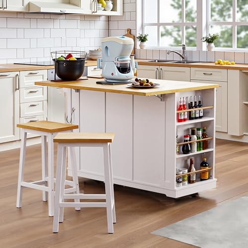 53" Rolling Large Kitchen Island Set with Power Outlet,Mobile Carts with Storage Cabinet,Extra Drop Leaf,3 Drawers and 5 Open Side Racks,Wood Table for Dining Room (Island & Stools)