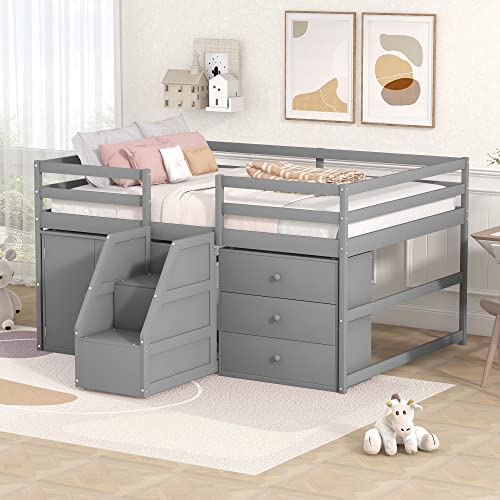 Full Size Low Loft Bed with Retractable Writing Desk, Storage Bed with 4 Drawers and Shelves, Wooden Loft Bed with Lateral Portable Desk for Kids Teens Adults Bedroom (White-Full)