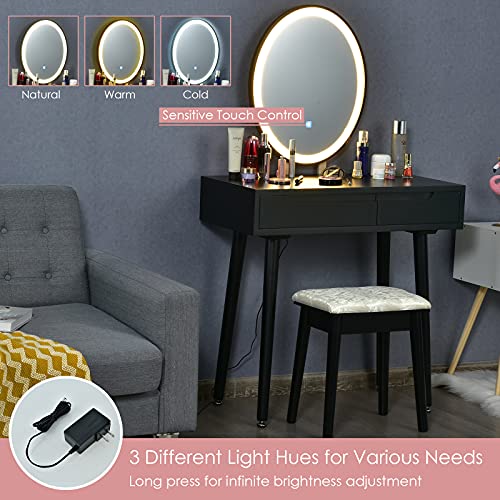 AUGESTER Vanity Set w/Screen Touch Mirror, Makeup Dressing Table w/ 3 Modes Adjustable Brightness Mirror, Cushioned Stool, 2 Sliding Drawers w/Divider, Modern Bedroom Vanity for Girls Women (White)
