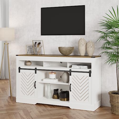 Farmhouse TV Stand for 65+ Inch TV, Modern Rustic Entertainment Center w/Sliding Barn Door, Rustic Media Console w/Storage Shelves, Wood Television Stand for Living Room, White