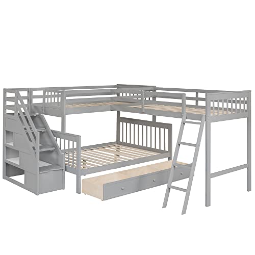 Twin Over Full L-Shaped Wooden Bunk Bed with Storage Drawers, Ladder and Staircase, Triple Bunk Bed Frame for 3 Kids Teens Adults, Gray