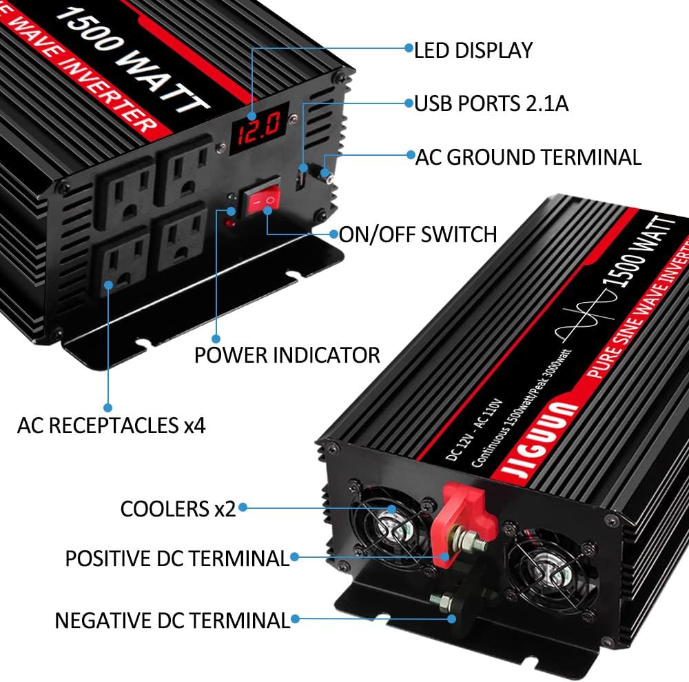JIGUUN 3000 Watt/6000 Watt Pure Sine Wave Inverter, Power Converter 12V DC to 110v/120v AC, Car Inverter with 4 AC Outlets&USB Port 170ft Wireless Remote Control for RV Camping Truck(3000W-12V)