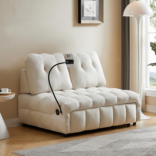 48" Convertible Sleeper Sofa Couch Bed,3-in-1 Velvet Tufted Pull Out Couch with USB&Type-C Charge Ports and Phone Holders,Comfy Modern Loveseat Sleeper Chaise Lounge for Living Room,Small Space(Grey)