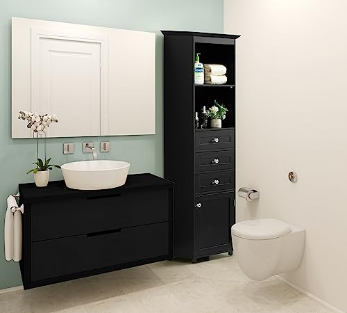 Tall Freestanding Storage Organizer Linen Tower, Vanity, Bathroom Cabinet with 2 Open Shelves, 3 Drawers, and a Closet, Black