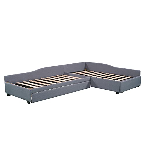 SOFTSEA Upholstered Double Twin Size Daybed with Trundle and Drawer, Twin Size Double Beds Corner Bed, 3 Beds in 1, Gray