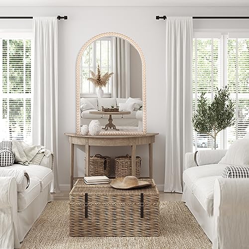 24"x36" Arch Wall Mirror Wooden Framed with White Wooden Beads, Modern Rustic Distressed Hanging Wall Mirror for Entryway, Living Room or Bedroom Home Decor