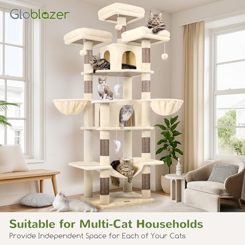 Globlazer Big Cat Tower for Indoor Cats, 80inch Cat Tower for Multiple Adult Cats XXL Cat Tree with Scratching Post, Hammock, 3 Perches, 2 Condos, 2 Hanging Basket, F80, Light Grey