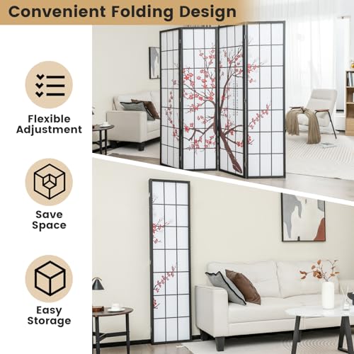 GOFLAME Japanese Style 4 Panel Room Divider, 6ft Folding Shoji Screen Room Partition with Plum Blossom Design, Solid Wood Frame, Freestanding Wall Divider, Indoor Room Separator for Home Office