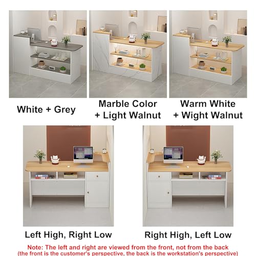 Front Desk Reception Counter, Retail Checkout, Modern Cashier Cabinet, Wooden Cashier Counter with Storage Space for Clothing Salon Shop Hotel(White+Grey+Right High)