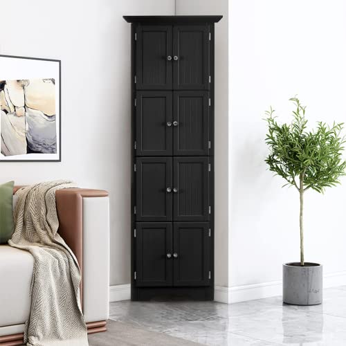 72" Tall Corner Storage Cabinet with Doors and 4 Shelves, Modern Floor Freestanding Tall Cabinet Storage Unit for Living Room, Kitchen, Office, Bedroom, Bathroom, Easy to Assemble - Black