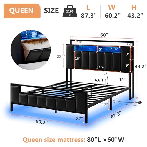 Alohappy Full Size Bed Frame with Storage Headboard & Charging Station, PU Leather Platform Bed Frame Full with LED Lights and Hidden Storage, Heavy Duty Metal Slats, No Box Spring Needed, Black