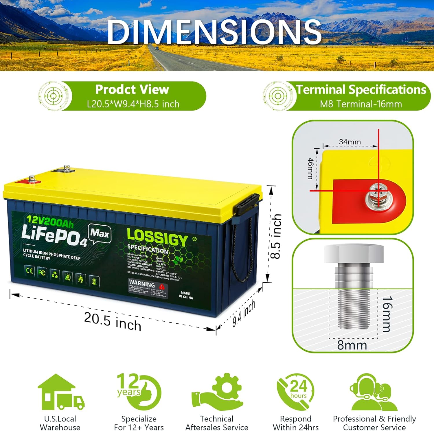 LOSSIGY LiFePO4 Battery 12V 200Ah Deep Cycle Lithium Ion Battery, Built-in 100A BMS, 4000+ Cycles, 280Amp Max, Perfectly replace all RV, Solar systems, Marine Batteries Application, Maintenance-Free