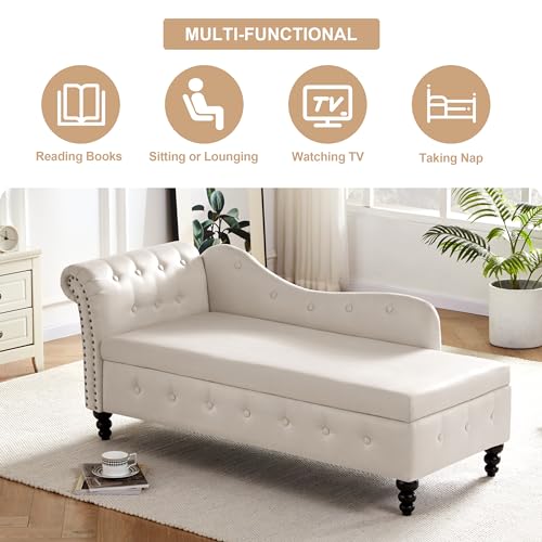 Tufted Velvet Chaise Lounge Indoor with Storage, Button Tufted Chaise with Nailhead Trim, Upholstered Rolled Arm Lounge Chair for Living Room Bedroom Office, Beige