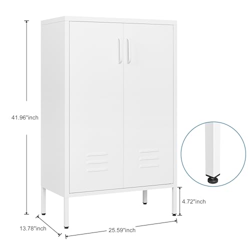GREATMEET Metal Storage Cabinet Freestanding, Metal Locker Storage Cabinets with 2 Doors, Tall Accent Cabinet with 2 Adjustable Shelves, Metal Cabinet for Kitchen, Office, Livingroom, White