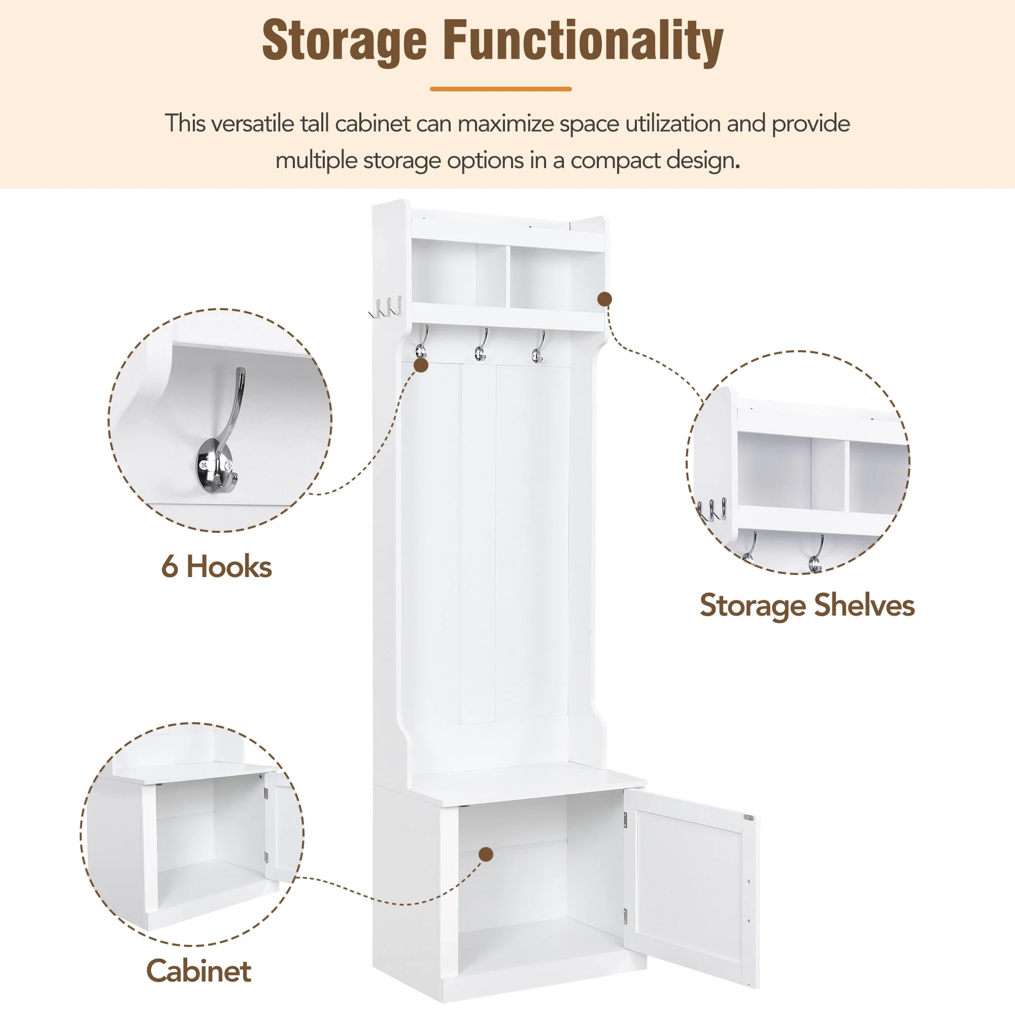 CoSoTower Minimalist Slim Hall Tree with Cabinet & 6 Hanging Hooks, Multi-Functional Storage Bench with Coat Rack, Elegant Foyer Cabinet for Hallway, Living Room, White