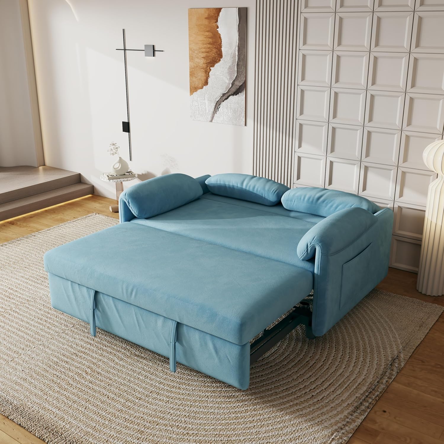 Convertible Sleeper Sofa with Pullout Bed, Upholstered Velvet Mini Couch w/Adjsutable Backrest & Side Pockets, 54" W Modern Sofa&Couches Futon Loveseat Single Recliner for Small Space, Blue