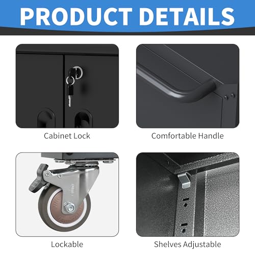 Metal Storage Cabinet with Wheels, Lockable Garage Cabinet with Doors and Shelves, Rolling Tool Storage, Assembly Required, Black
