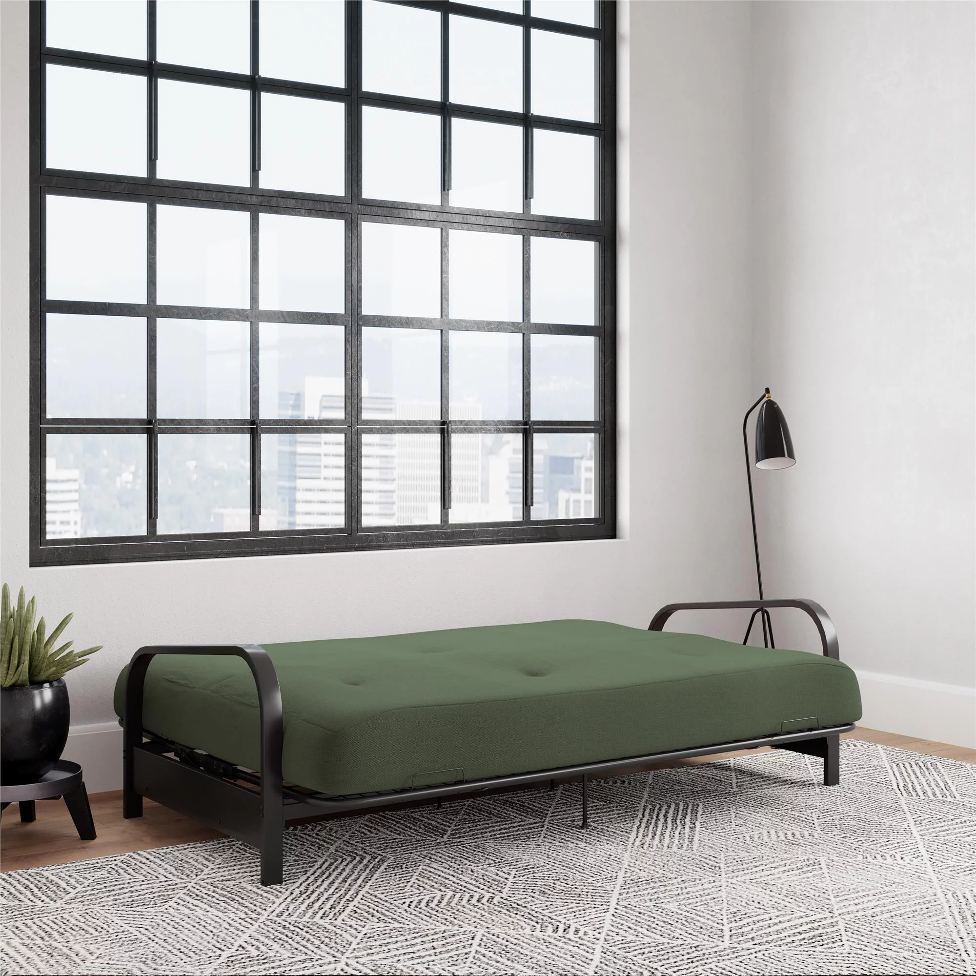 Cleo Futon Set with Black Metal Sofa Bed Frame and 6" Mattress, Full Size, Army Green