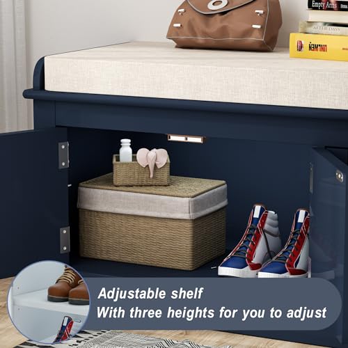 Storage Drawers and 2 Cabinets, Shoe Bench w/Removable Cushion & Seating for Entryway Living Room Hallway Bedroom, 43.7", White1