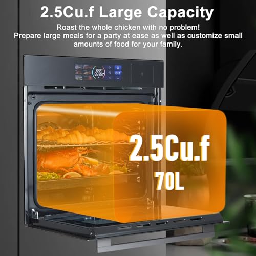 Asypets Single Wall Oven 24" Built-In Electric Ovens, 70L, 3000W, 8 Baking Modes, With Air Frying Function, 3D Surround Heating With Double-Layered Glass Door, Touch Control With Colour Led Screen