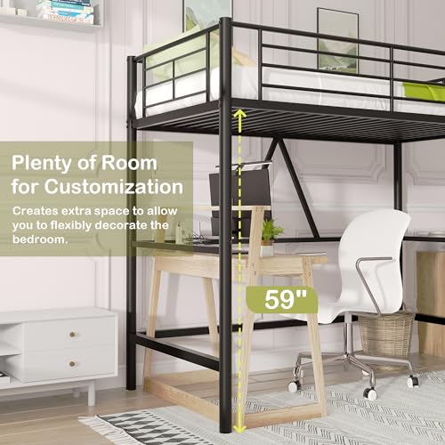 VECELO Metal Loft Bed Twin Size, Heavy Duty Bedframe with Removable Ladder and Safety Guardrail, Space-Saving, Noise Free, No Box Spring Needed, Off White
