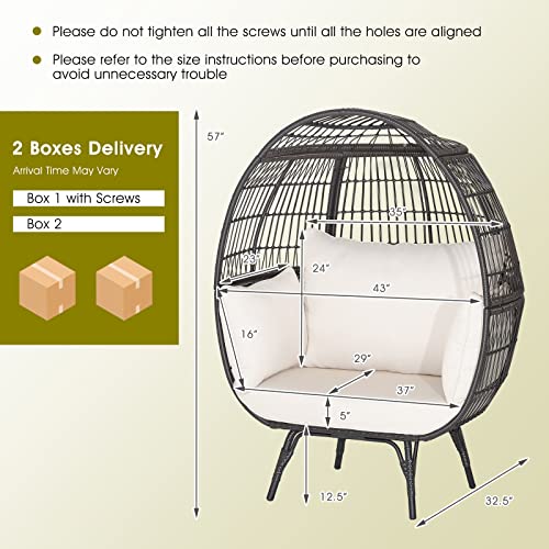 Oversized Egg Chair, Wicker Patio Basket Circle Lounge Chair w/Metal Stand & 4 Thick Cushions, PE Rattan Egg Lounger Outdoor Indoor for Backyard, Balcony, Living Room (Light Brown)