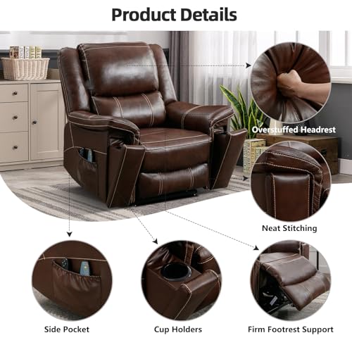 CANMOV Large Genuine Leather Power Lift Recliner Chair for Elderly, Lay Flat Dual Motor Recliner with Massage and Heated, Electric Lift Chair for Seniors with Cup Holders, Side Pocket, Dark Brown