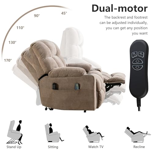 CANMOV Oversized Power Lift Recliner Chair for Elderly, Dual Motor Electric Heavy Duty Lift Recliner with Massage, Heating, USB Port, Cup Holders and Pockets, Brown