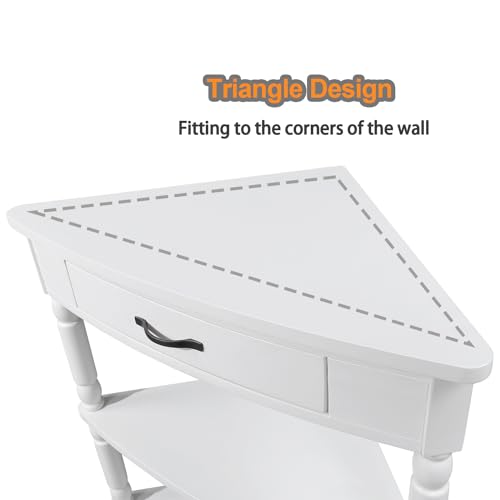 3-Tier Corner Shelf with Drawer, Living Room Corner Cabinet with Solid Wood Legs, Small Corner Table with Storage, Corner Hutch Cabinet for Dining Room, Kitchen, Bedroom, White