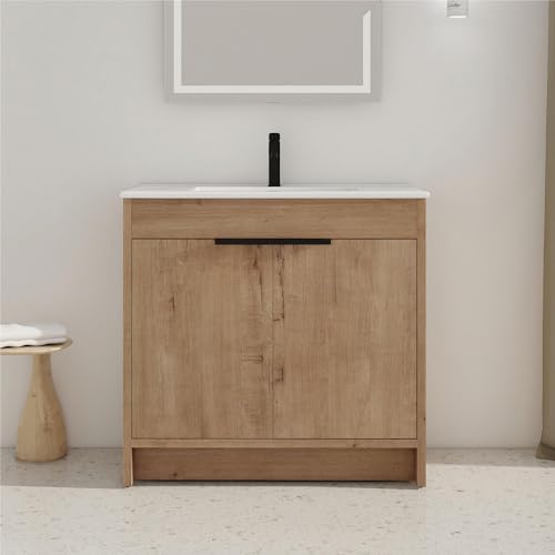 30"" Bathroom Vanity with Sink, 30 Inch Freestanding Bathroom Vanity, Single Sink Bathroom Vanity Combo, Modern Bathroom Vanity, Brown Floor Standing Cabinet Set, DqYLBVB02430IMO+BL9075B