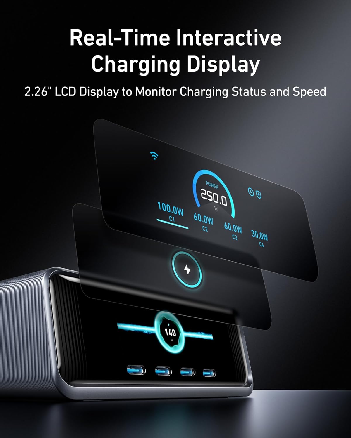 Anker Prime 250W USB-C Charger, Ultra-Fast 6-Port GaN Charging Station, 2.26" LCD Display and Smart Control Dial, Compatible with MacBook Pro/Air, iPhone 15/14/13, Pixel, Galaxy, and More (Silver)