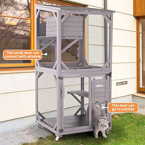 Aivituvin Cat Catio Outdoor Cat house Wooden Large Enclosure with Run on Wheels 70.9" Upgraded Version Catio with Reinforcement Strip,Waterproof Roof (grey)