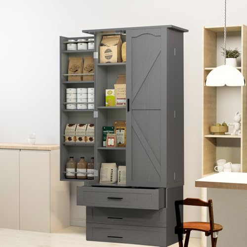 72" LED Kitchen Pantry Cabinet with 3 Drawers Farmhouse Tall Storage Cabinet Wood Food Pantry with Barn Doors and Adjustable Shelves Versatile Storage Freestanding Cupboard for Kitchen