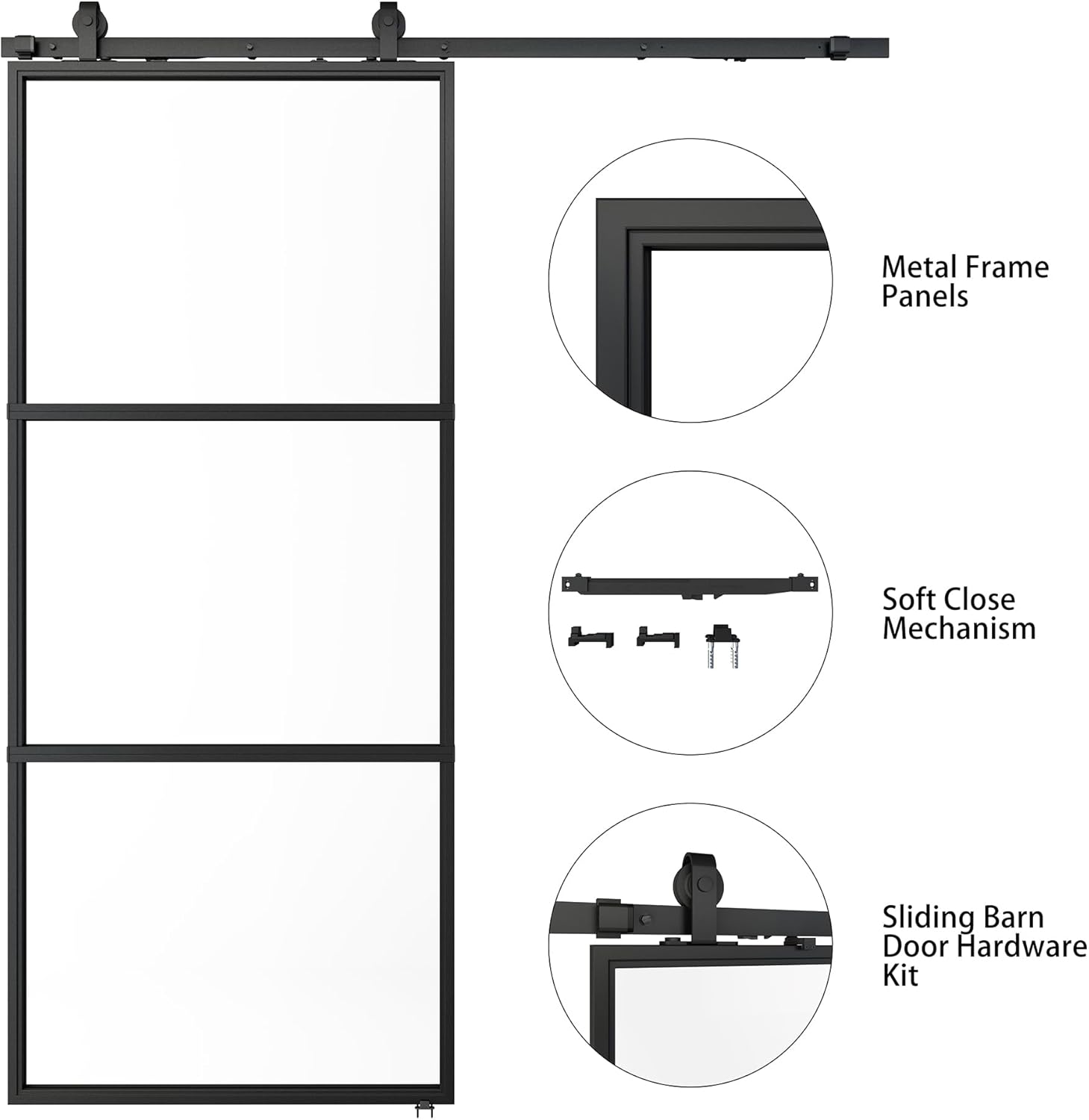 JUBEST 36in x 84in Glass Barn Door, Clear Tempered Glass Carbon Steel Pre Drilled Frame Sliding Barn Door Panel with 6FT Hardware Kit and Soft Close