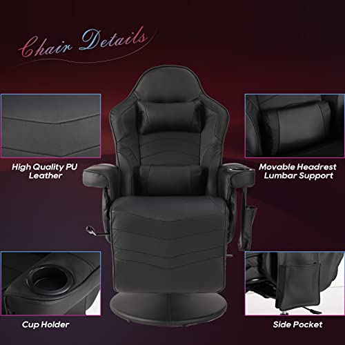 Reclining Gaming Chair - Gaming Recliner Chairs for Adults - PU Leather Gaming Chair with Massage, Swivel Gaming Recliner Chair with Adjustable Height, Lumbar Support, Side Pouch (Blue)