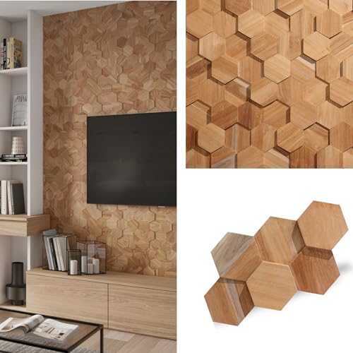 Teak UltraWood Hexagon Wall Panels in Natural - 3D Hexagonal Wall Covering for Feature Walls - Modern Peel-and-Stick Wallpaper Alternative - Easy DIY Installation - 25-Pack