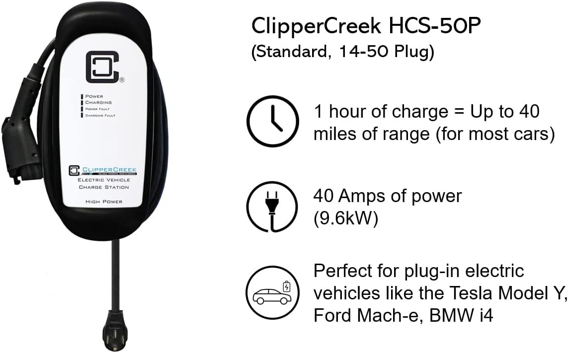 ClipperCreek EV Charging Station, Level 2, HCS-50P, NEMA 14-50, 40A, 25 ft Charging Cable, Safety Certified, Made in America