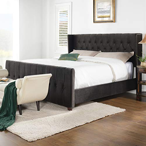 Jennifer Taylor Home David Collection Modern Upholstered Queen Size Size Bed Frame, Hand Tufted and Nailhead Trim, Silver Gray