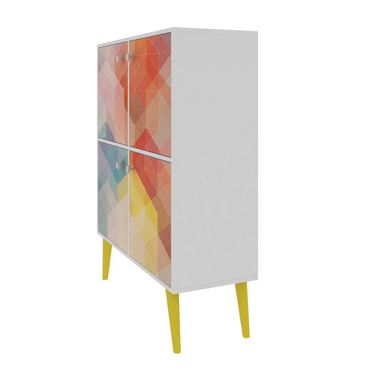 Avesta 45.28 Mid-Century Modern High Double Cabinet with Funky Colorful Design and Solid Wood Legs in White, Color Stamp