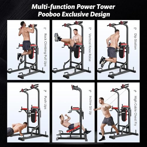 Pooboo Power Tower Dip Station Pull Up Bar for Fitness Home Gym Workout,Multi-Function Adjustable Height Fitness Strength Training Exercise Equipment,with Supine Board