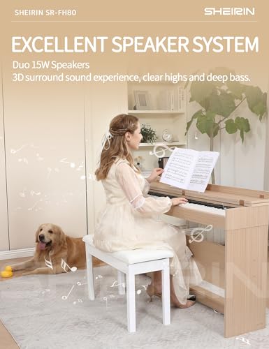 Digital Piano Hammer Action Keyboard 88 Keys Upright Acoustic Electric Weighted Piano Beginner MIDI Cover Full Size Sustain Pedal Stand Real Professional SR-FH80 (Beige Full Cover)
