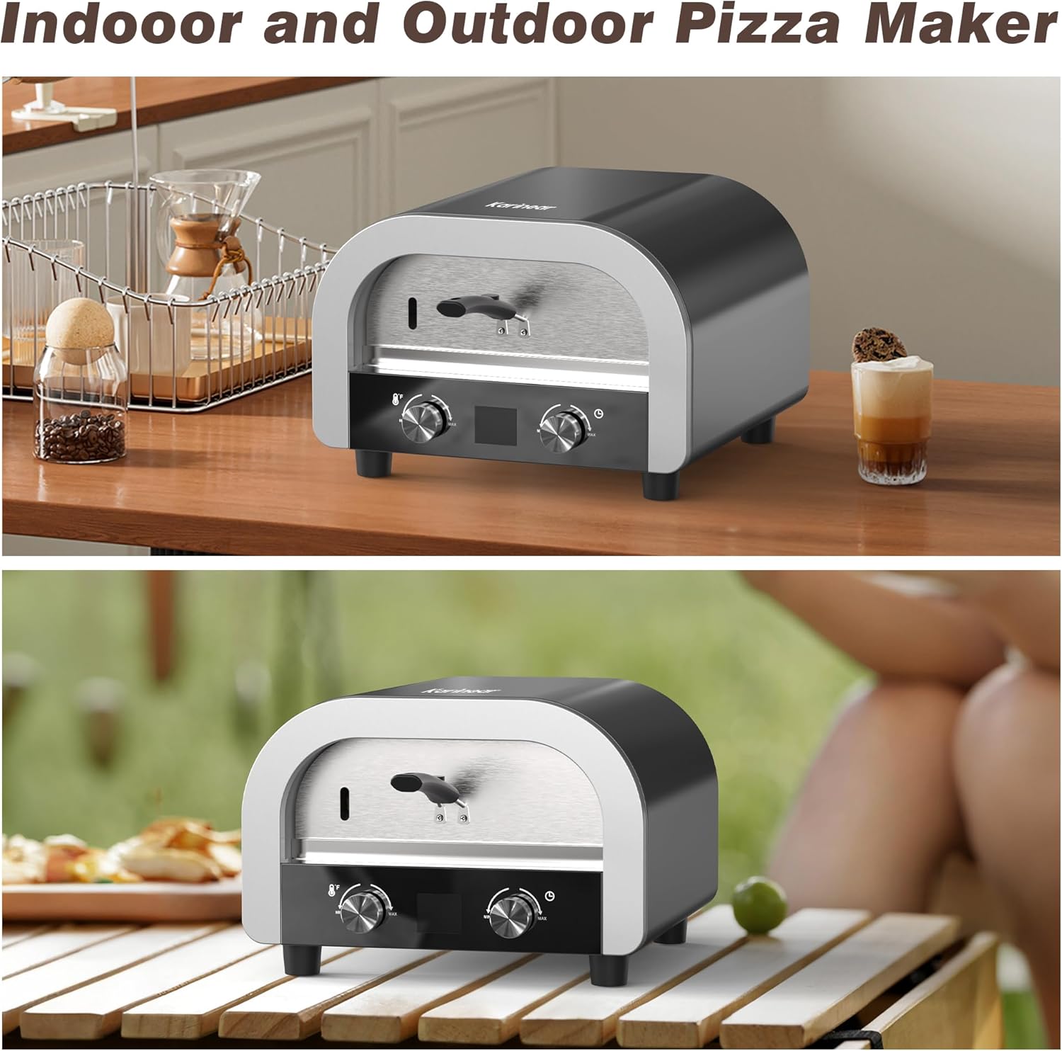 Electric Pizza Oven Indoor - Karinear 13 Inch Pizza Maker Machine for Home, Portable Countertop Pizza Oven Temp Range Reaches 750°F,Stainless Steel,1800W