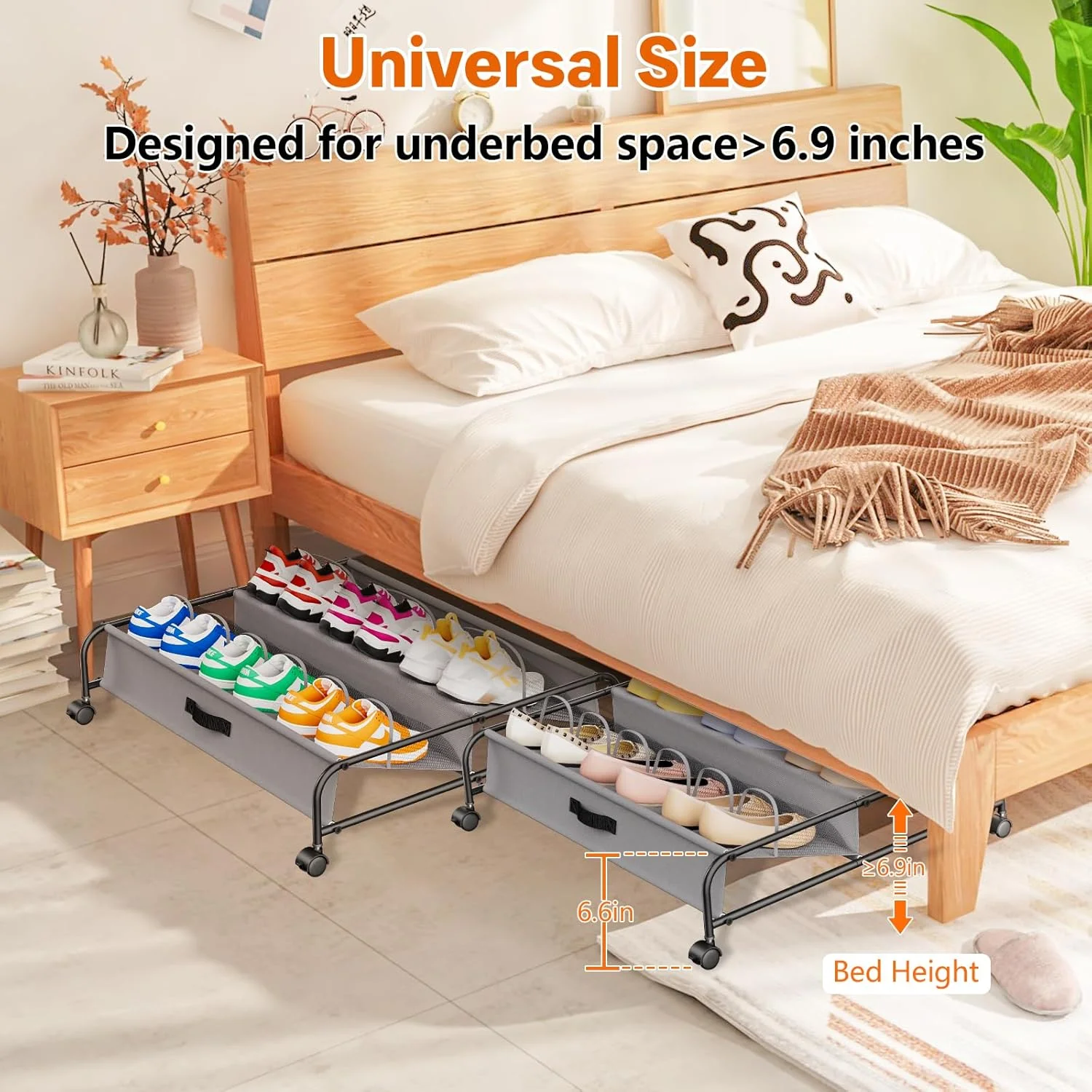 Under Bed Shoe Storage with Wheels, 2 Pack Rolling Under Bed Storage Containers for Shoes with Breathable Mesh Pockets, Metal Underbed Shoe Rack Organizer Bedroom Organization