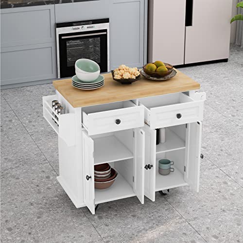 Kitchen Island Cart on Wheels with Wood Top and Drop Leaf Breakfast Bar, Rolling Kitchen Trolley with 2-Door Storage Cabinet, 3 Drawers, Towel and Spice Rack 43.31"x16.93"x36.02", White