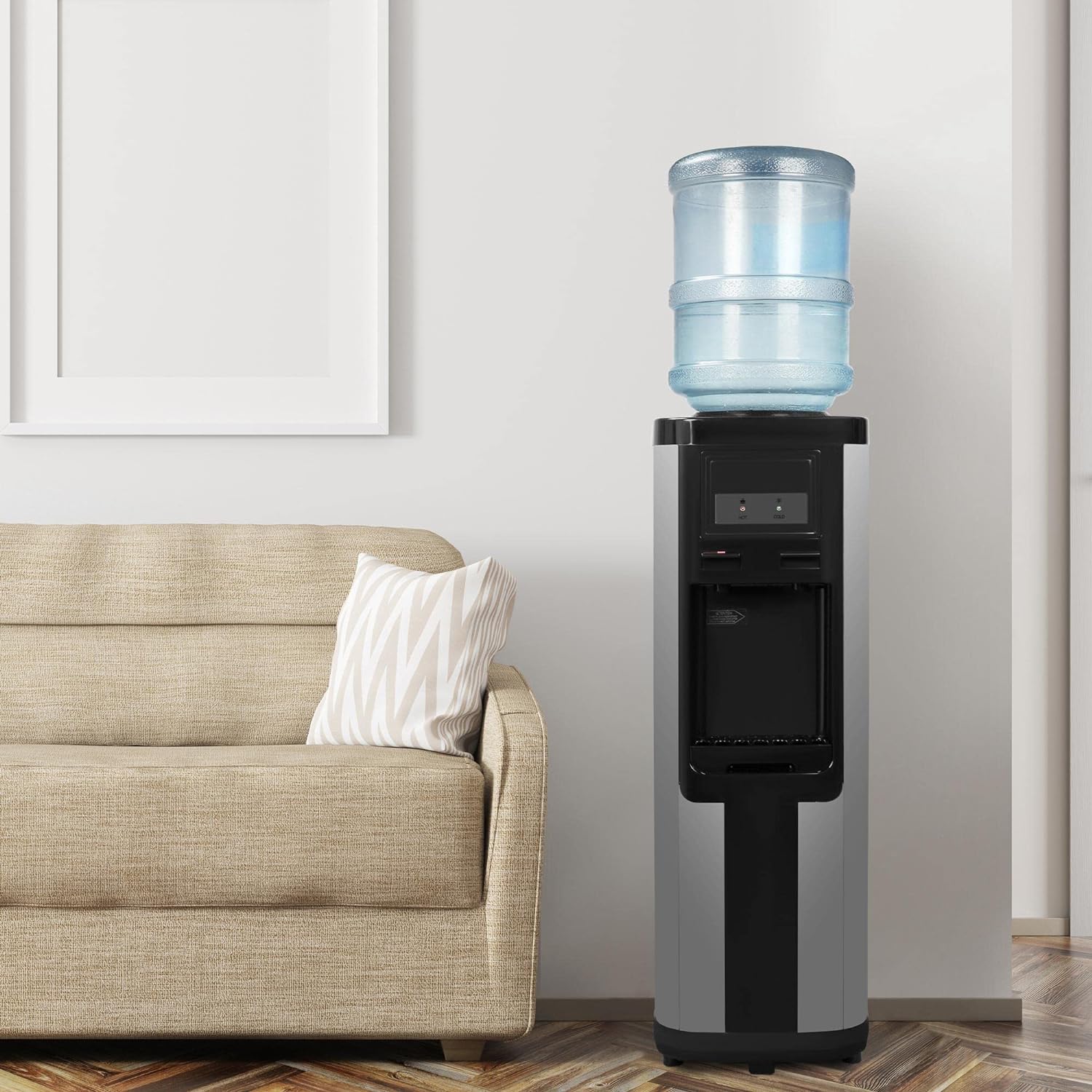 Top Loading Water Cooler Dispenser for 3 & 5 Gallon Water Bottles, Hot & Cold Water, Child Safety Lock, Stainless Steel, Black