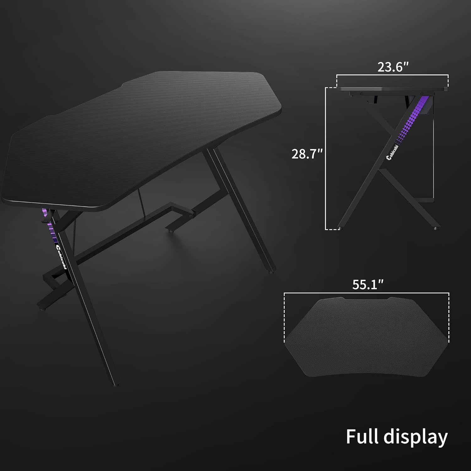 CubiCubi Luna Gaming Desk 47 inch Gamer Workstation, Home Computer Carbon Fiber Surface Gaming Desk PC Table with Cable Tray and Headphone Hook