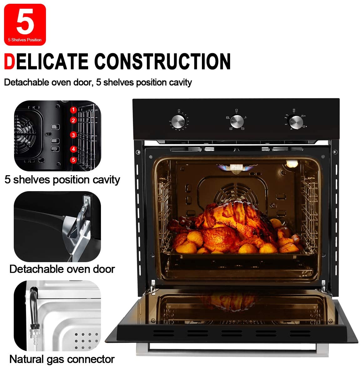 Single Wall Oven, GASLAND Chef GS606MB 24" Built-in 6 Cooking Function Single Wall Gas Oven, Mechanical Knob Control Gas Wall Oven